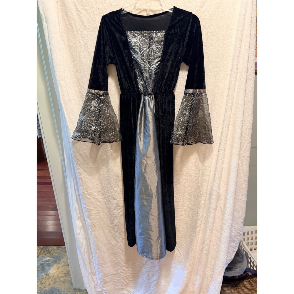 Black Velvet Spiderweb Witch Costume Dress Silver Bell Sleeve XS Halloween